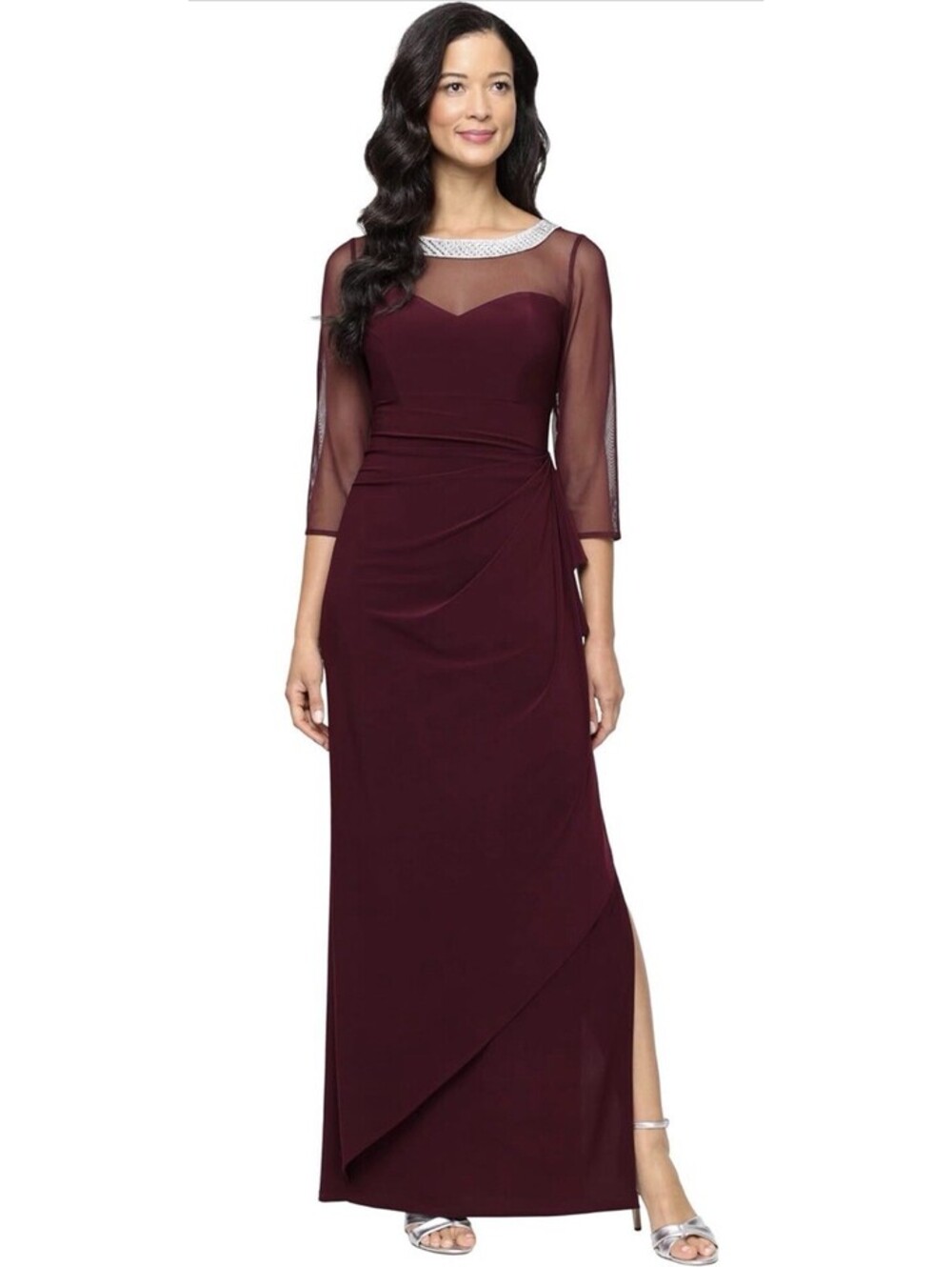 Alex Evenings Long Matte Jersey Dress 3/4 Illusion Sleeves Size 12P Fig NWT $199